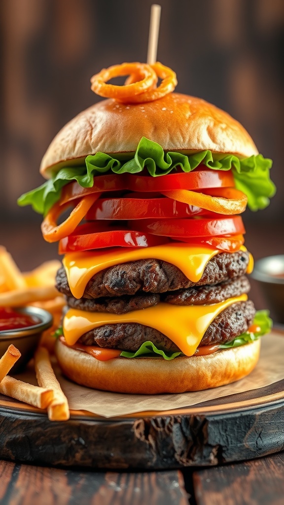 A stacked homemade burger with beef patty, cheese, lettuce, tomato, and fries on a wooden table.